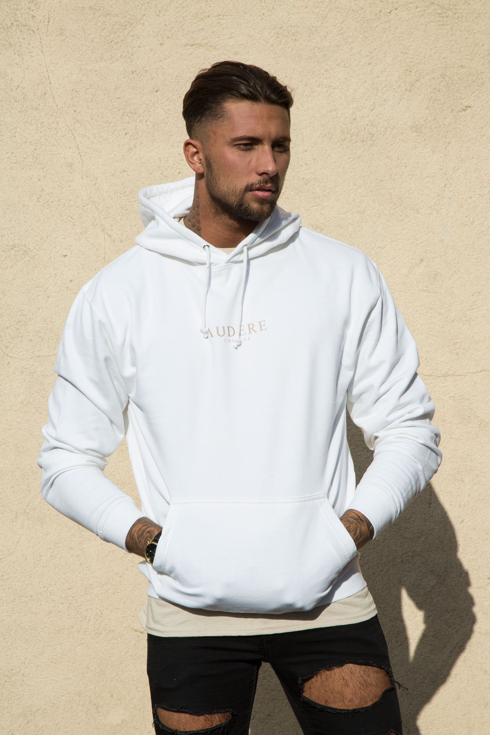 White Hoodie Caramel Print - Audere Couture